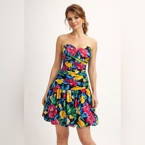 Vintage 80s Bold Floral Strapless Party Dress | Ruched Bustier Mini | Size 10